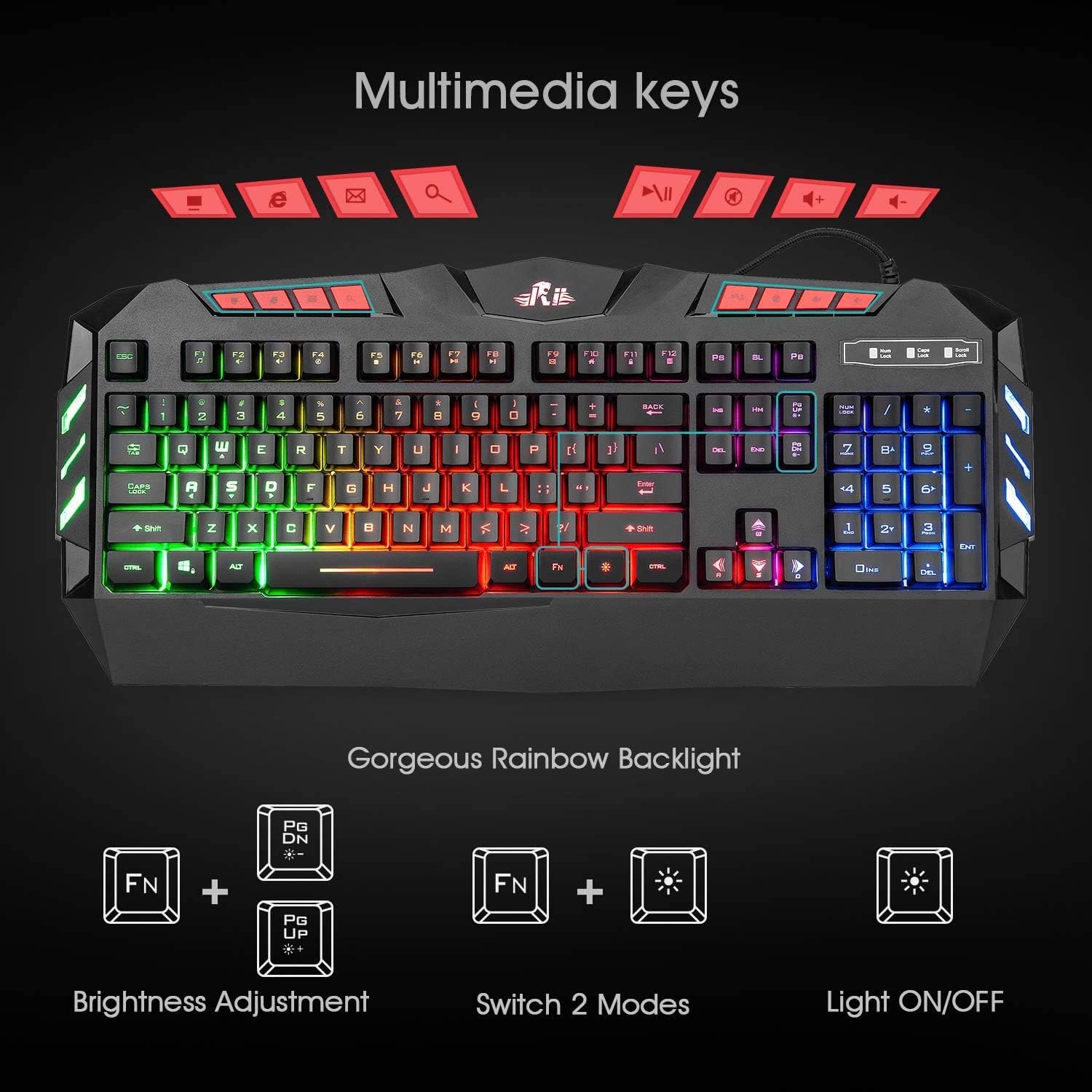 RII MIXED COLOR LED BACKLIGHT MULTIMEDIA GAMING KEYBOARD 3