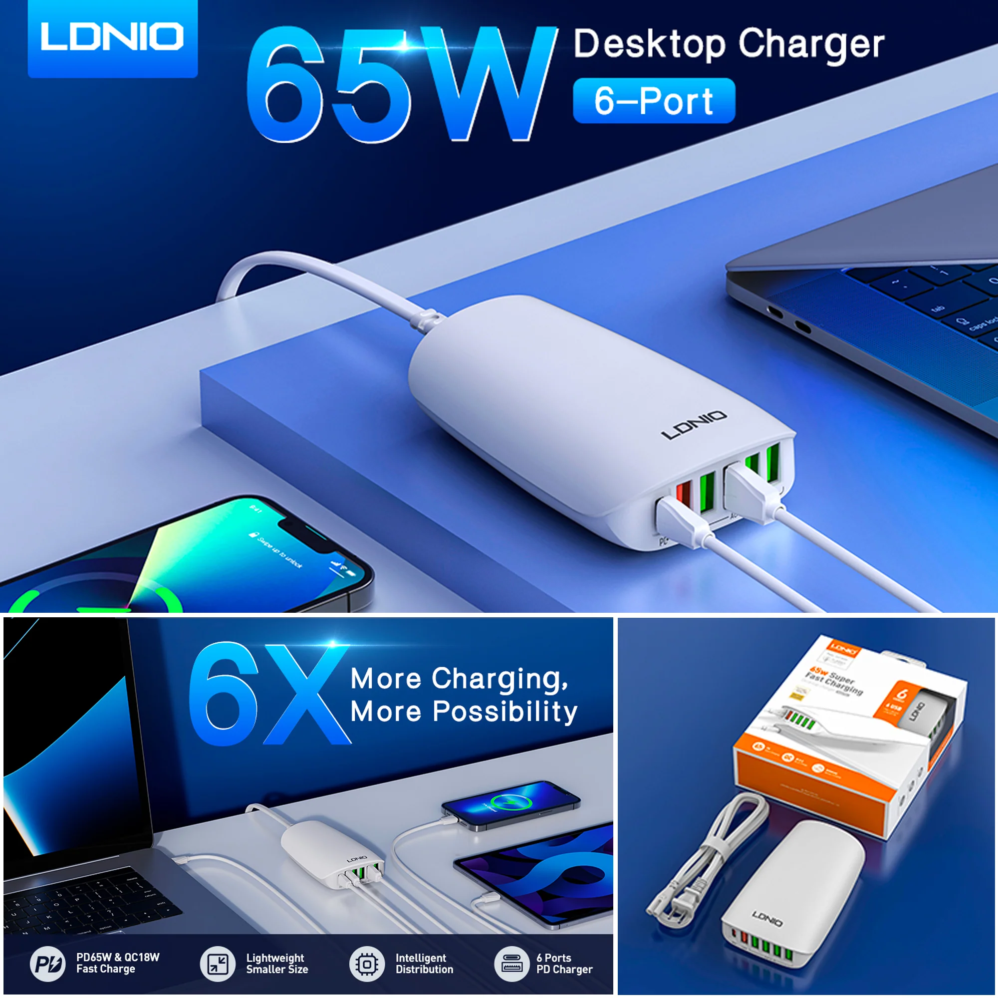 LDNIO 65W Super Fast Charging 6-Port Desktop Charger – A6573C 4