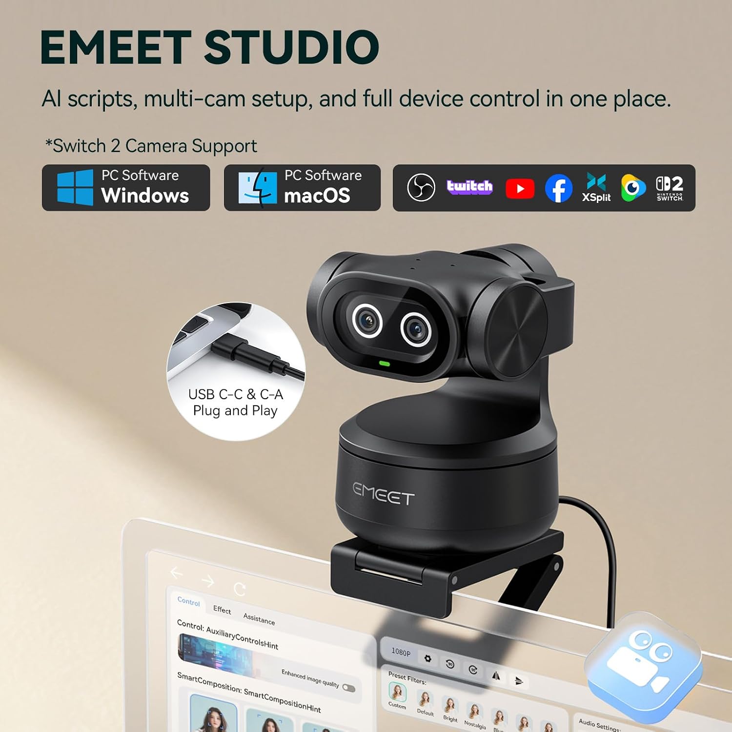 EMEET PIXY Dual-Camera AI PTZ 4K Webcam 4