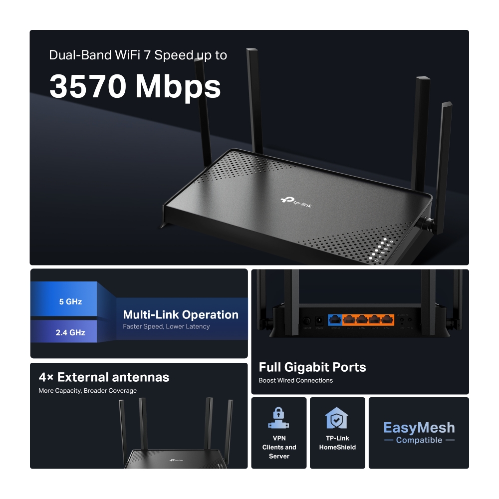TP-Link Archer BE220 BE3600 Dual-Band Wi-Fi 7 Router 4