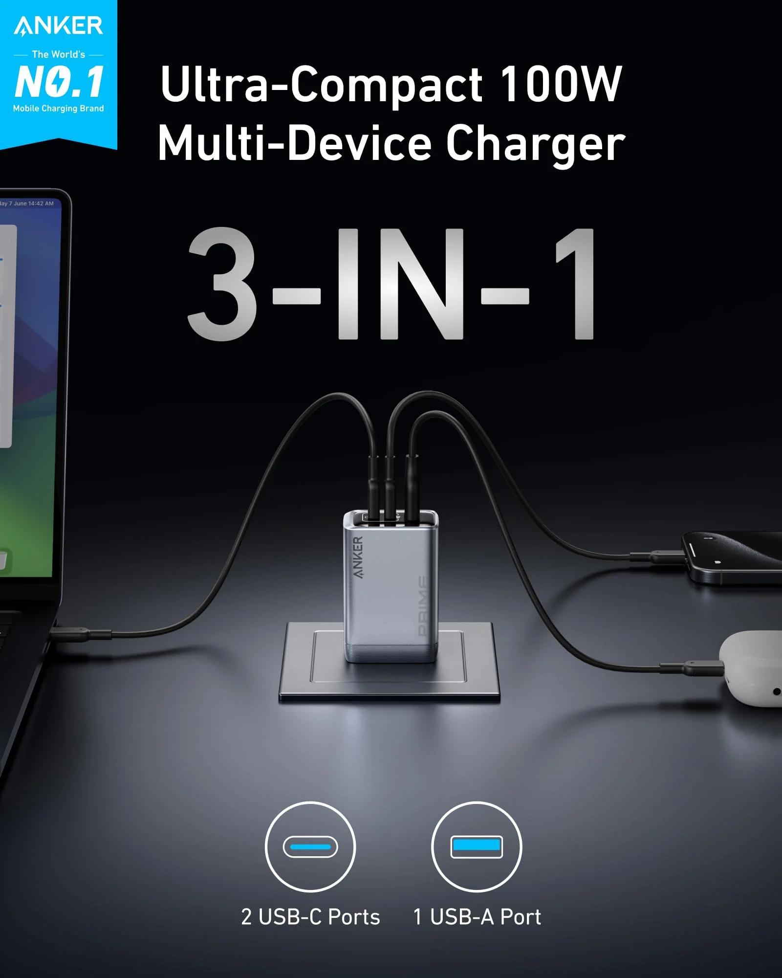 Anker Prime Charger 3 Port Gan 100W 2