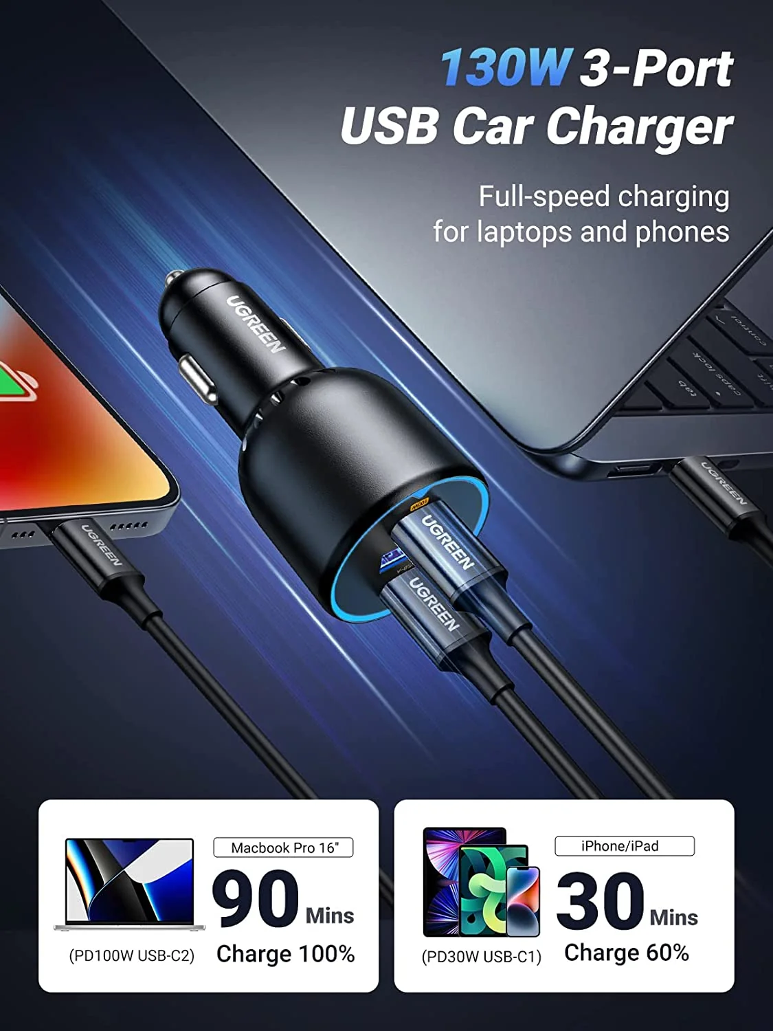 UNGREEN 3-Port Fast Car Charger 130W 2