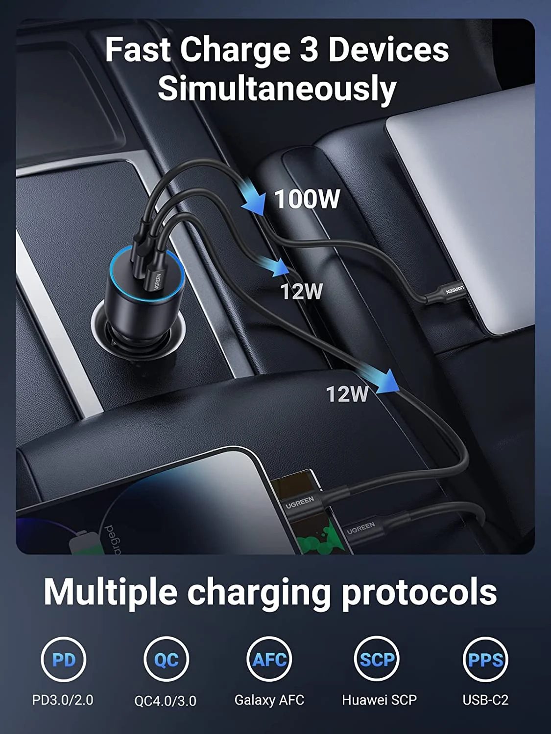 UNGREEN 3-Port Fast Car Charger 130W 3